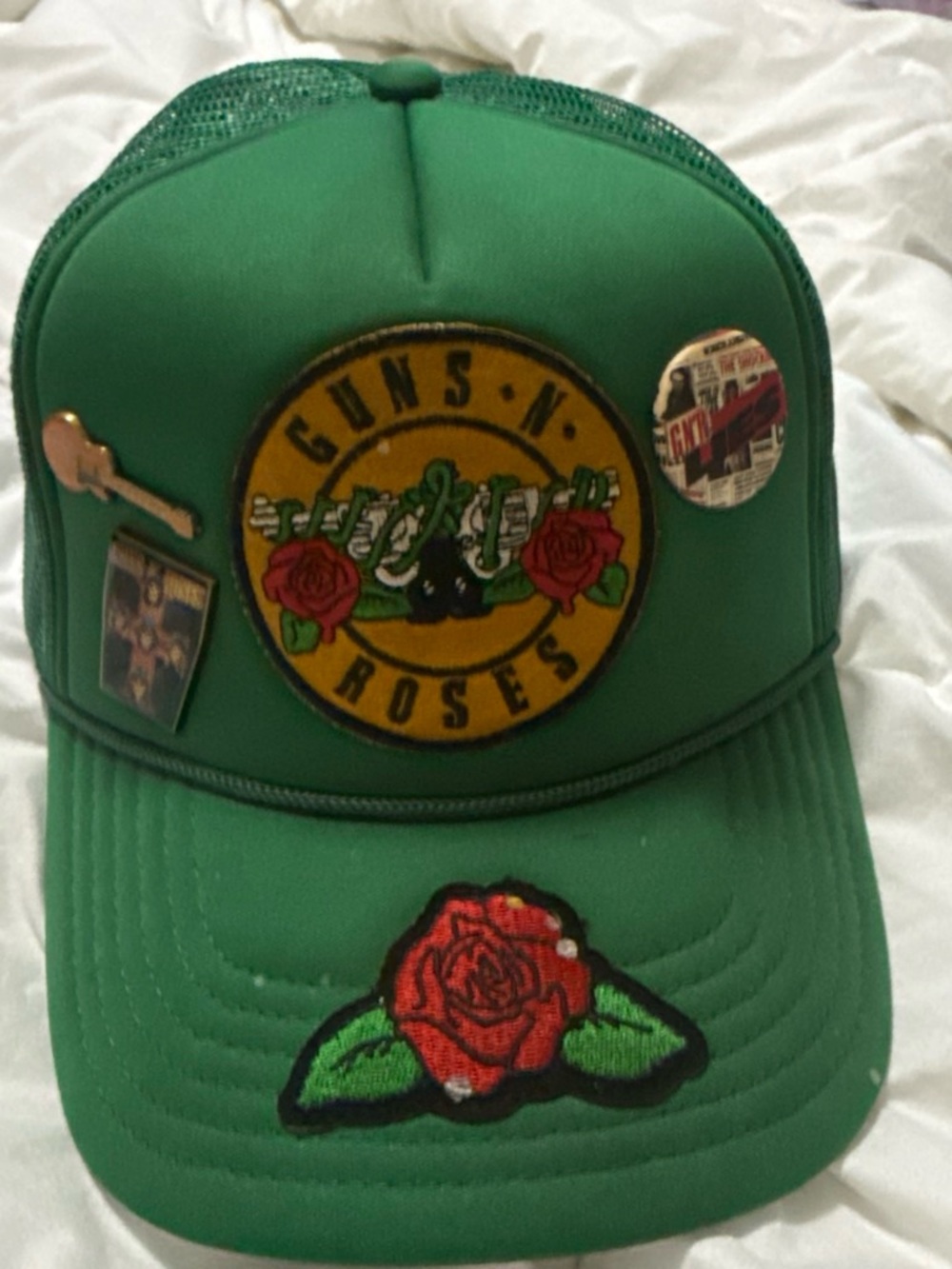 MadeWorn Green Guns N' Roses Patch Trucker Hat with Rose Pin Details